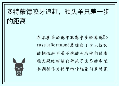 多特蒙德咬牙追赶，领头羊只差一步的距离