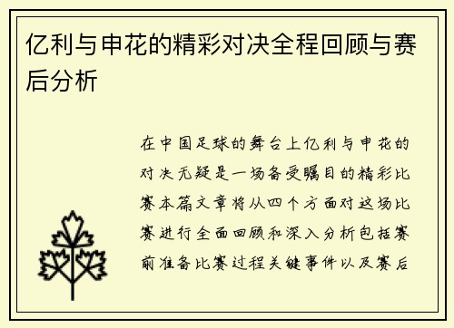 亿利与申花的精彩对决全程回顾与赛后分析